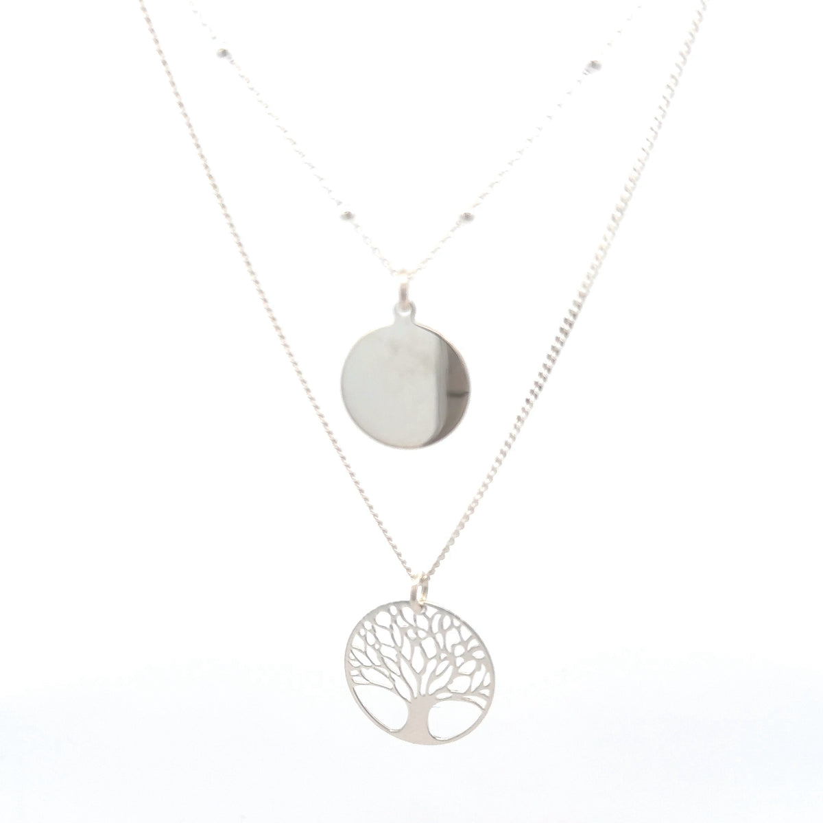 Stirling Silver Two Strand Chain with Ball Beads, Round Engravable Dis ...